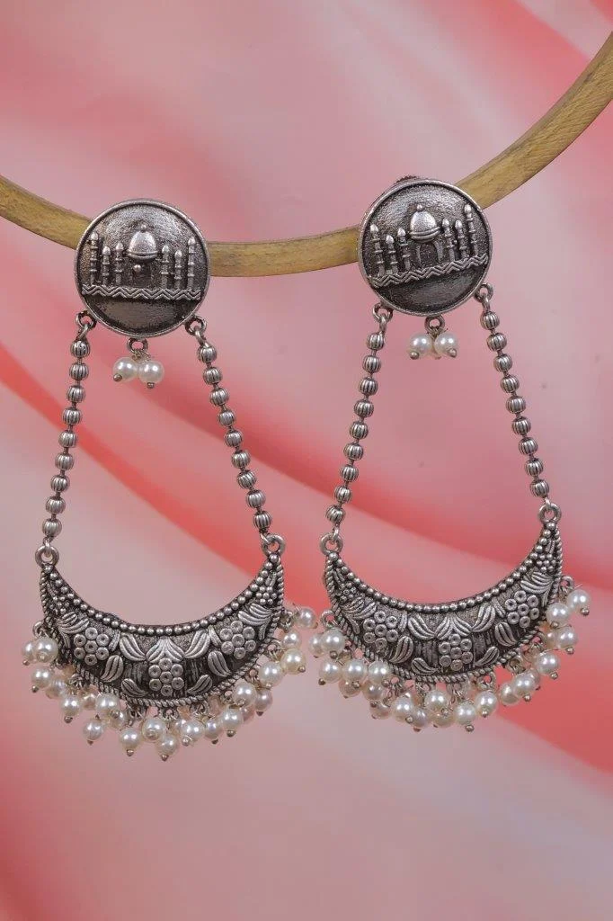 Silver Crescent Chandbali with Bead Chains and Pearls