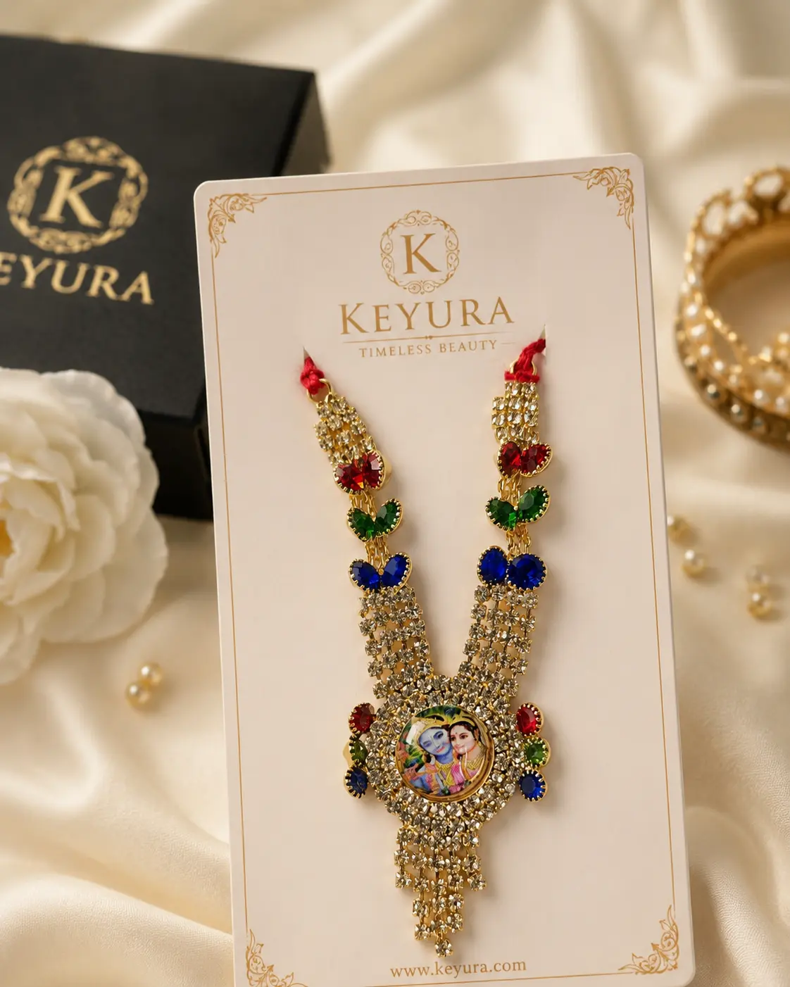 6 No. Radha Krishna AD Jari Haar for Laddu Gopal with Radha Krishna Picture pendant Locket