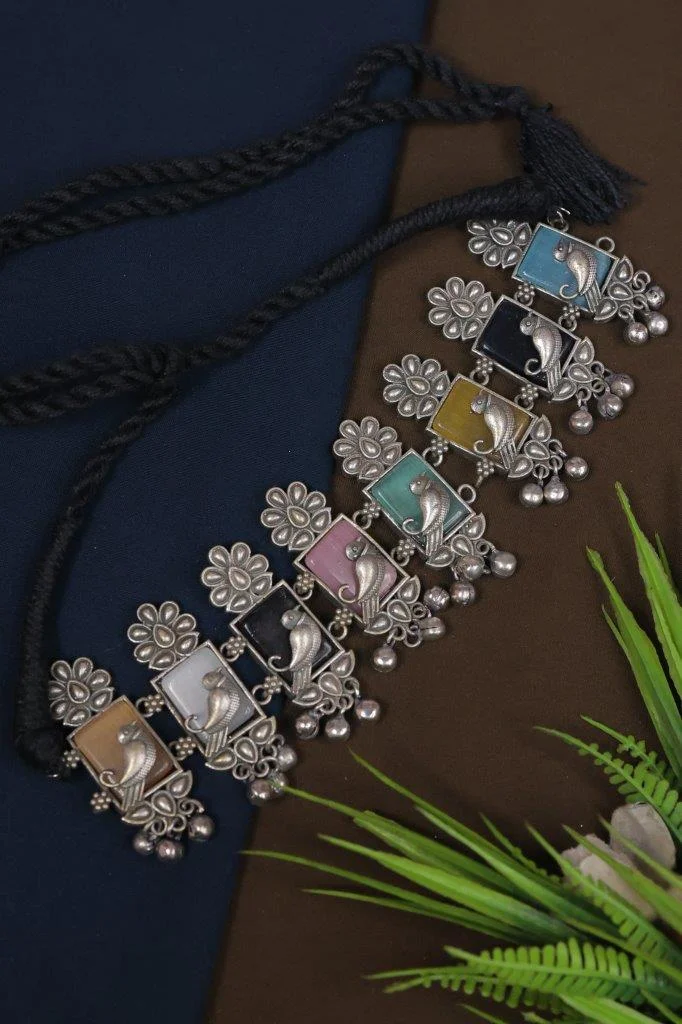 Pastel Stone Panel Choker with Silver Peacocks