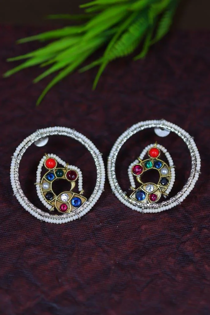 Pearl Ring Earrings with Multicolour Kundan Paisley