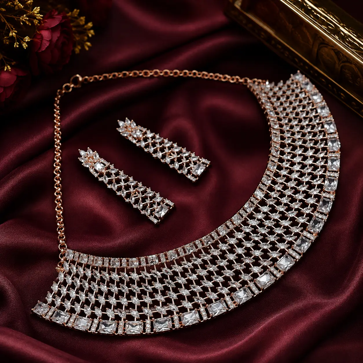 Rose Gold AD Necklace Set – Luxe Lattice Sparkle for Wedding & Party Wear