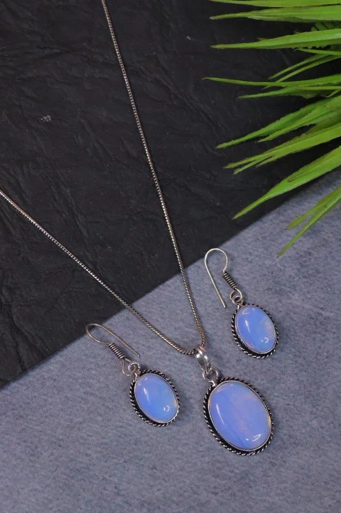 Oval Stone Pendant Necklace on Fine Silver Chain