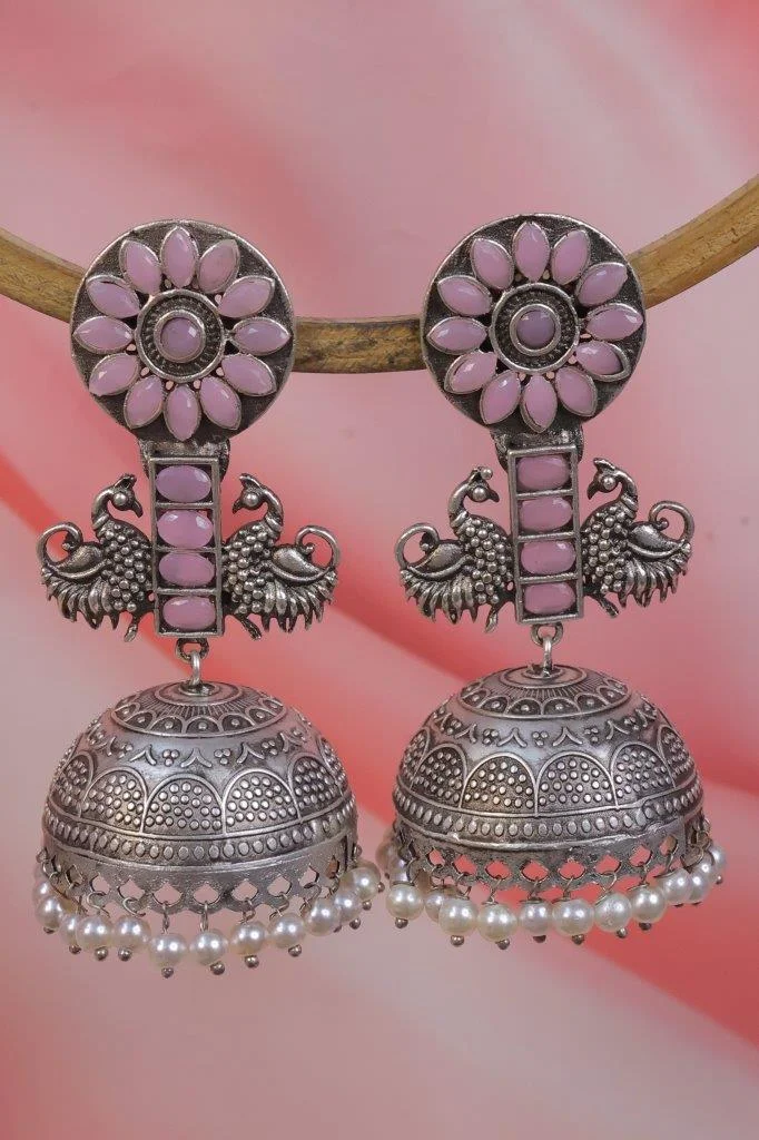 Flower Peacock Jhumka Earrings in Dual Tone