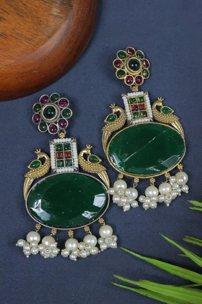 Emerald Green Stone Peacock Earrings with Pearl Clusters