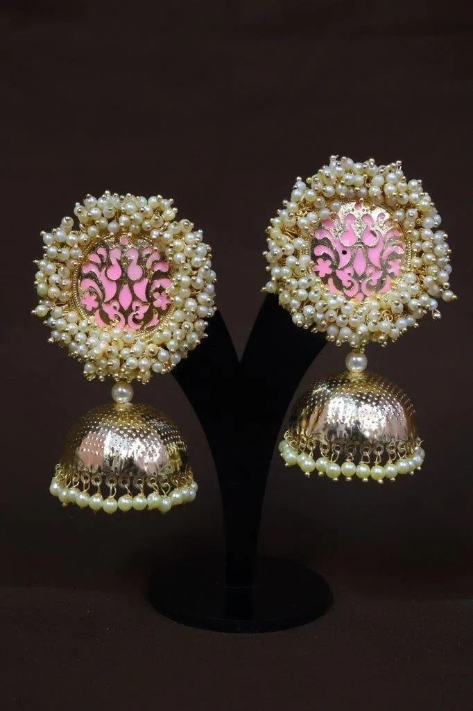 Enamel Disc Jhumka with Dense Pearl Border