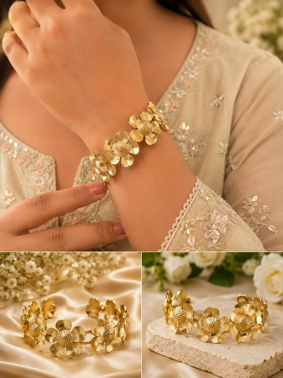 Floral Anti-Tarnish Gold Bangle | Elegant Flower Design Bracelet for Women – view 2