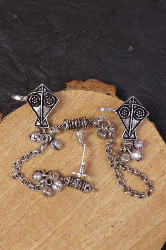 Silver Kite Earrings with Chain and Ghungroo Drops