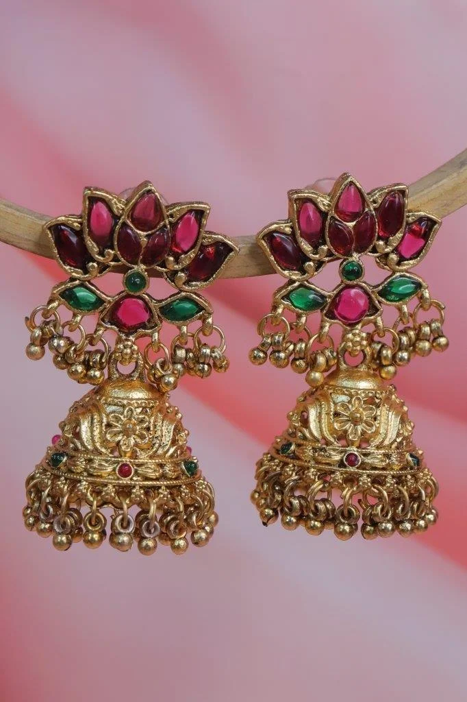 Ruby Green Lotus Petal Jhumka Earrings with Bead Fringe