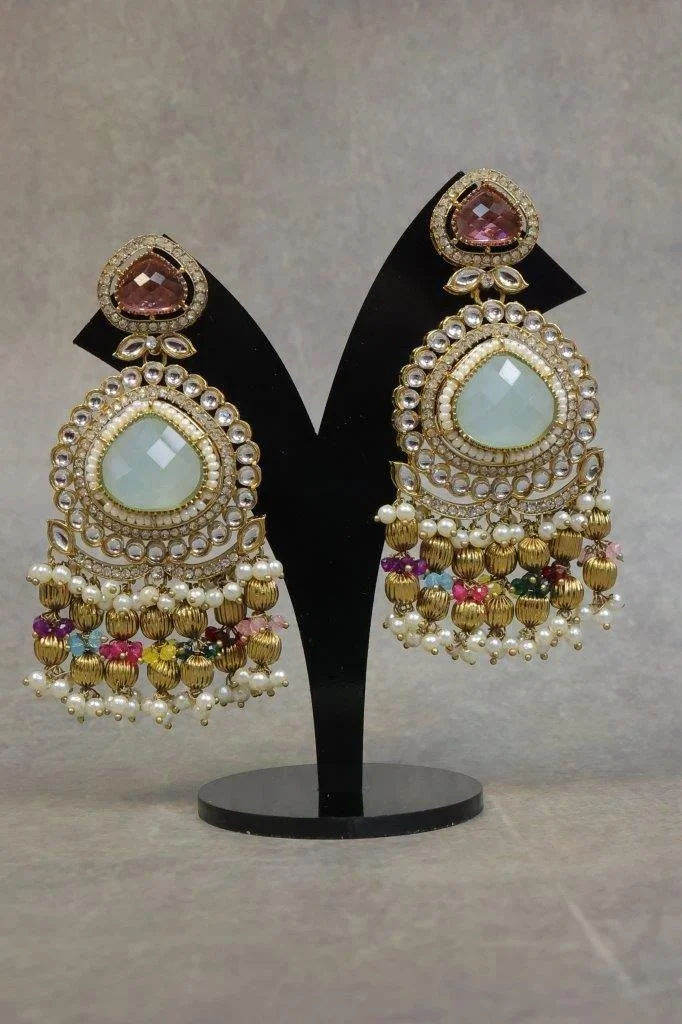 Cabochon Chandbali Earrings with Gold Bead and Pearl Fringe