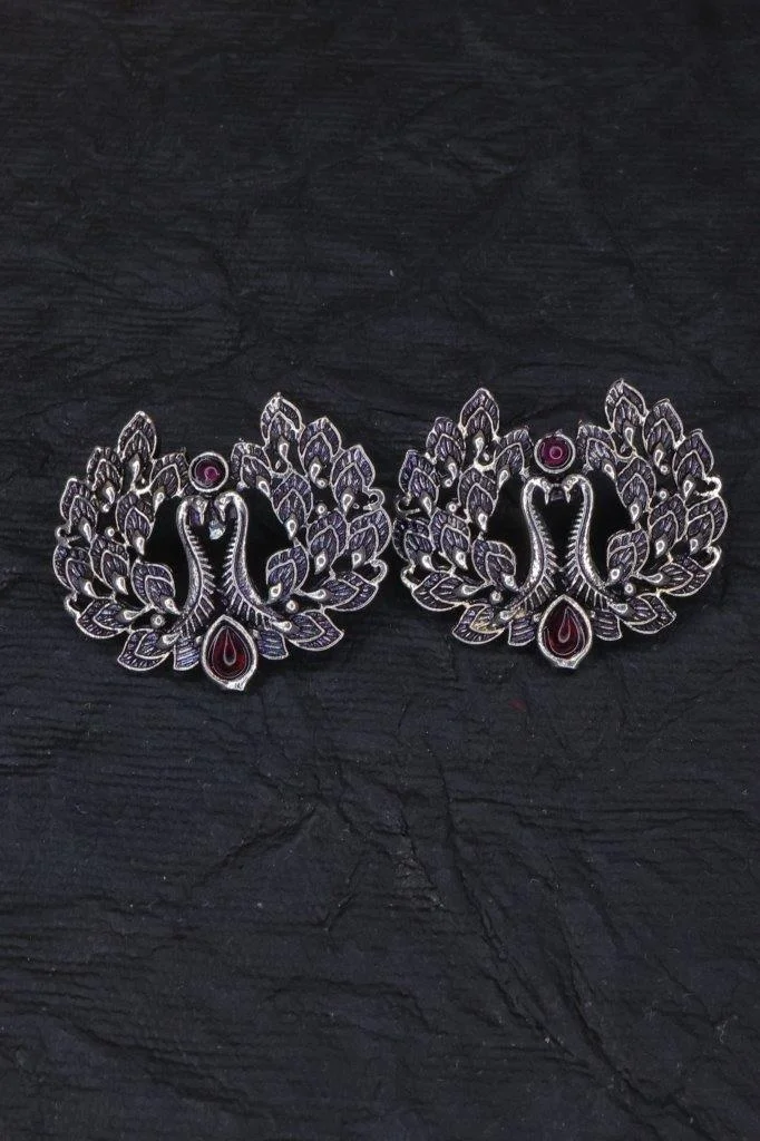 Twin Peacock Stud Earrings with Stone Accents