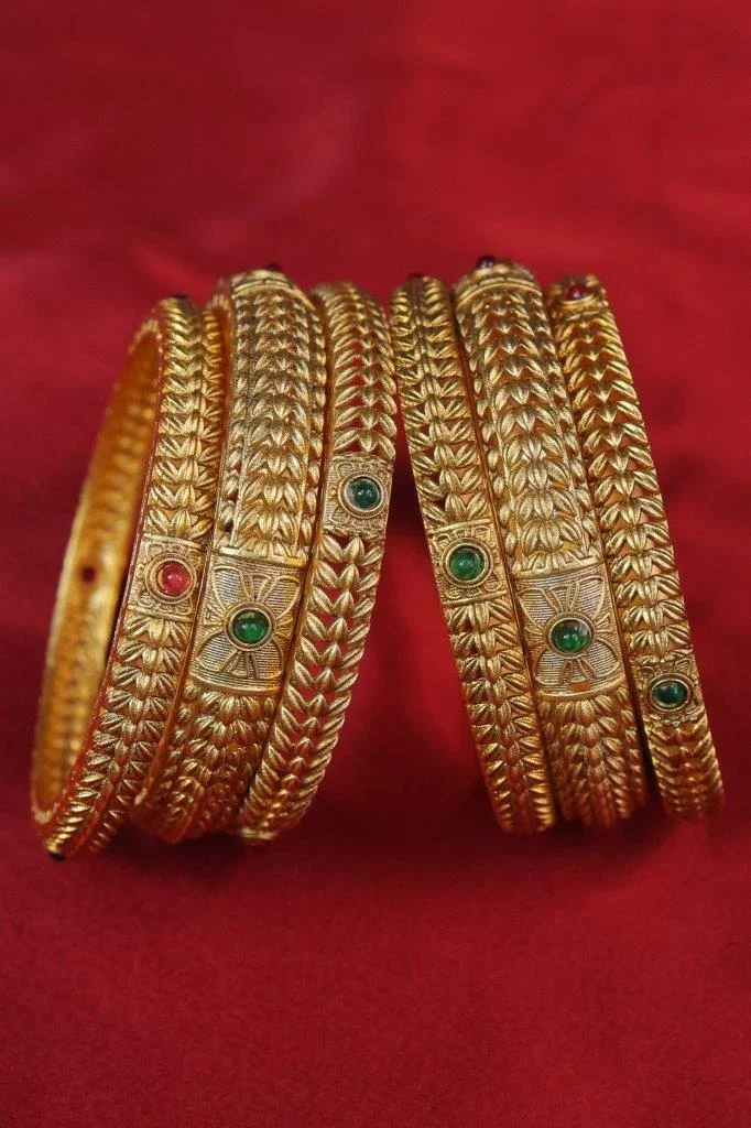 Gold Wheat Pattern Bangles with Stone Medallions