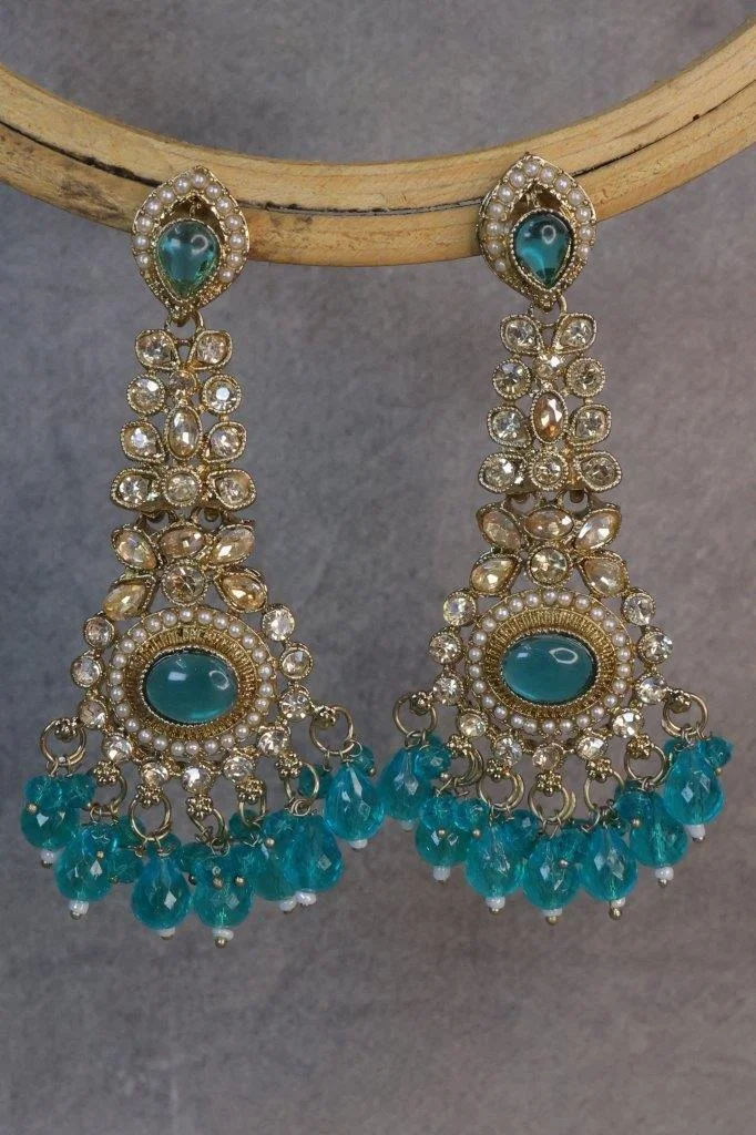 Long Kundan Chandelier Earrings with Teal Bead Fringe