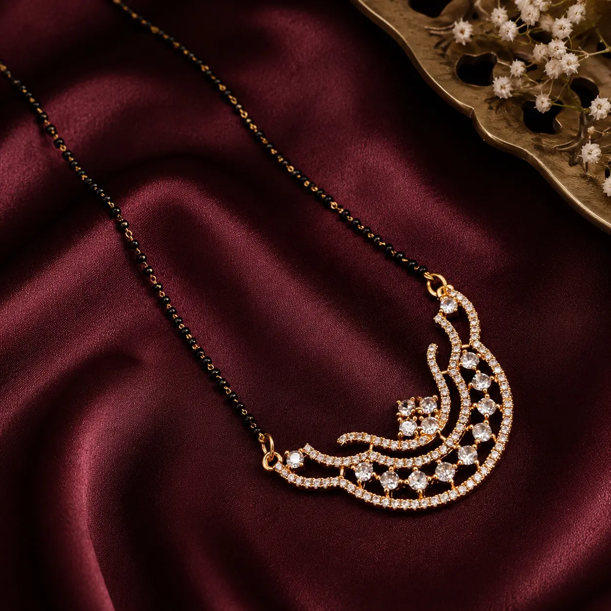 Crescent Glow AD Mangalsutra – Elegant Black Beaded Jewellery by Keyura