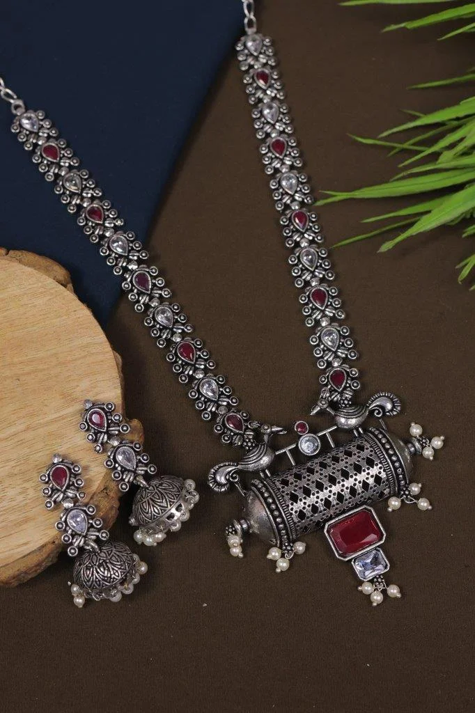 Pierced Barrel Pendant Necklace with Peacocks and Jhumkas