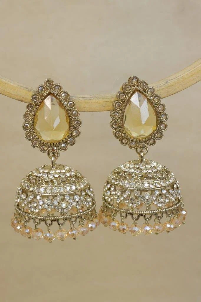Citrine Stone Kundan Jhumka Earrings with Pearl Fringe