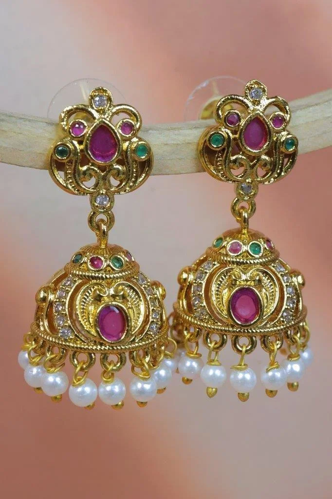 Floral Top Jhumka with Ruby Centre