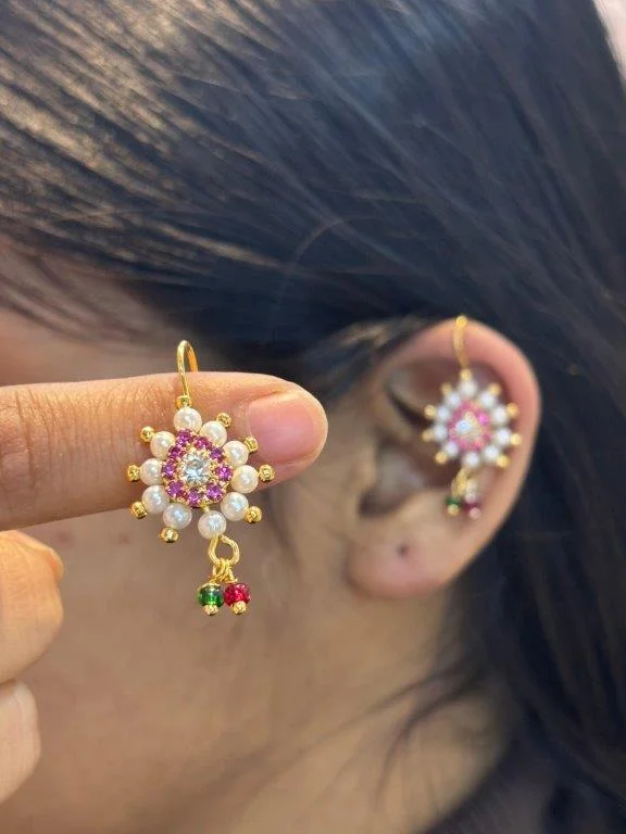 Large Flower Bugadi Earrings with White AD Centre and Pink Petals