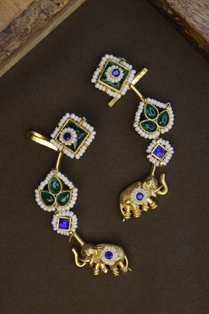 Elephant Charm Ear Chain Earrings with Blue and Green Stones