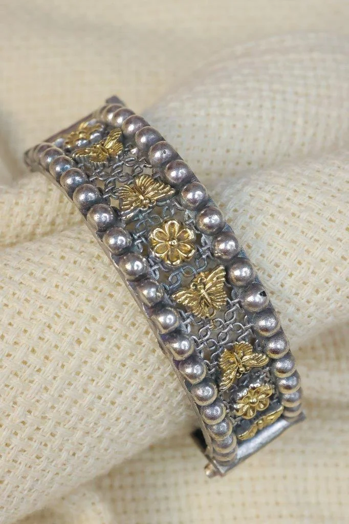 Dual-Tone Butterfly and Flower Mesh Kada with Silver Ball Borders