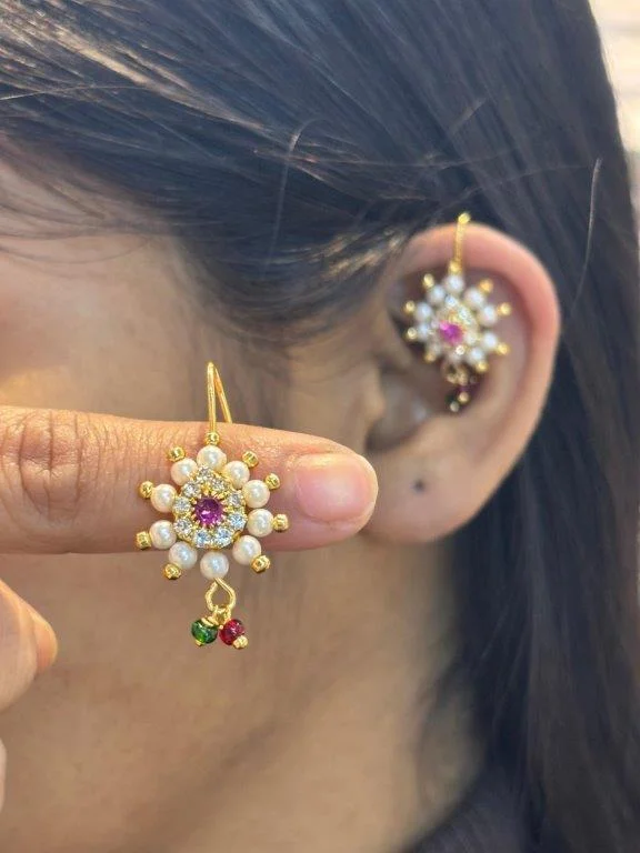 Pearl Sunburst Bugadi Earrings with Pink Centre Stone