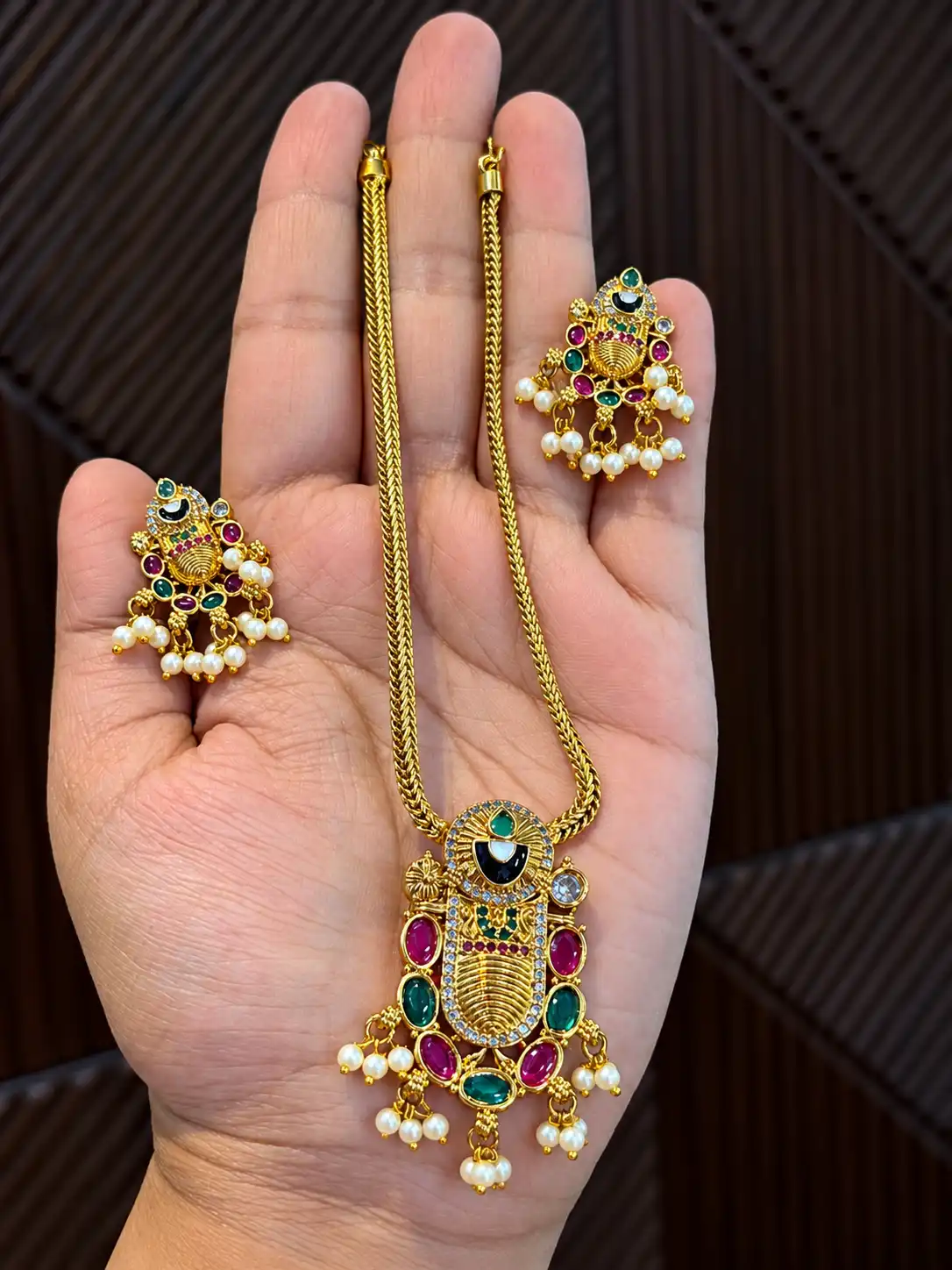 Gold-Tone Tirupati Balaji Necklace Set with Multicolour Stones – view 3