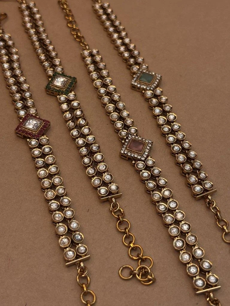 Antique Gold Two Row Kundan Bracelet with Framed Centre Stone