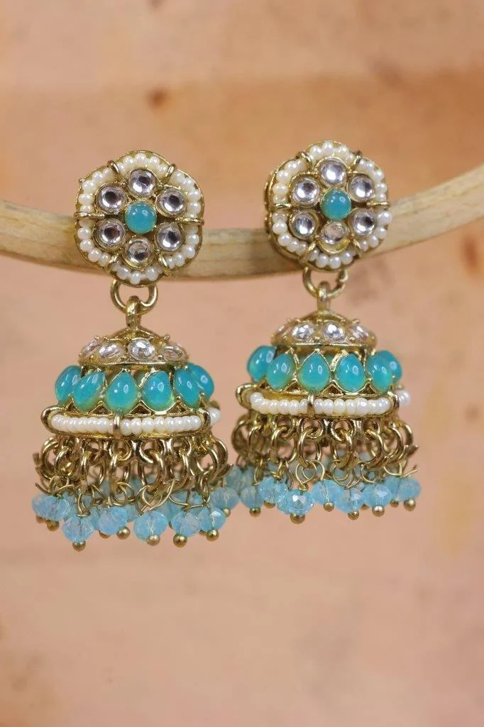 Pearl Halo Kundan Jhumka Earrings with Bead Fringe