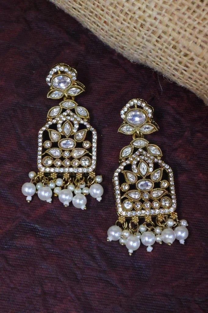 Antique Kundan Jhumka Earrings with Pearl Drops