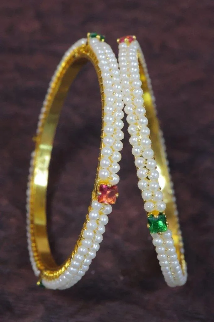 Pearl Wrapped Bangles with Coloured Stones Set of Two