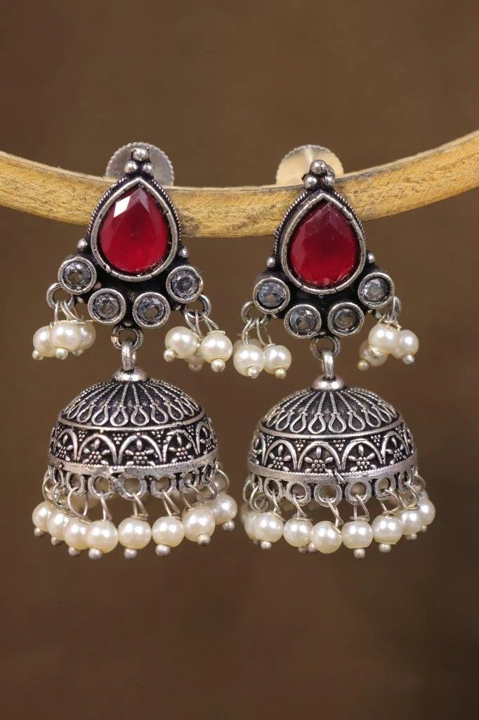 Teardrop Stone Jhumka Earrings with Pearl Drops