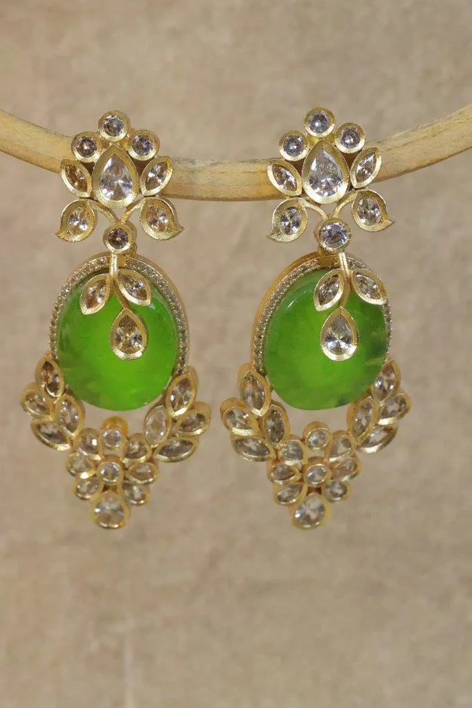 Russian Doublet Stone Drop Earrings with AD Petal Stud and Leaf Cluster – Green