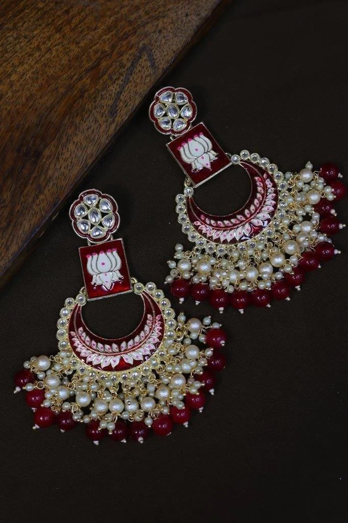 Meenakari Chandbali with Pearl and Bead Fringe
