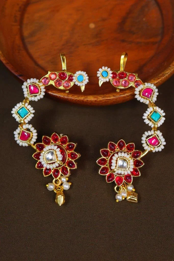 Gold Polish Peacock Ear Chain with Ruby Flower Drop