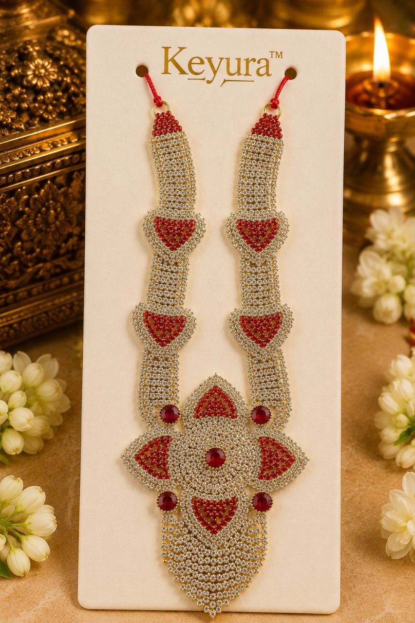 Shubbushrii 9 inch Idol Radha Krishna RK AD Haar | Zari AD Beautiful Necklace (Red)