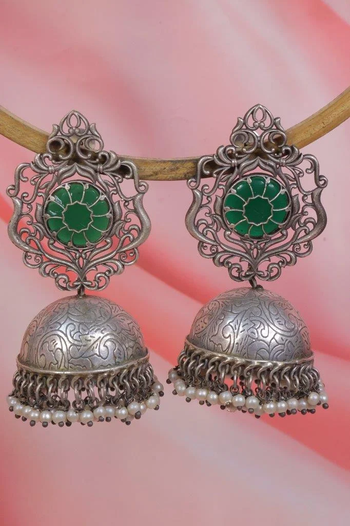 Green Rosette Oxidised Jhumka Earrings with Scrolled Frame