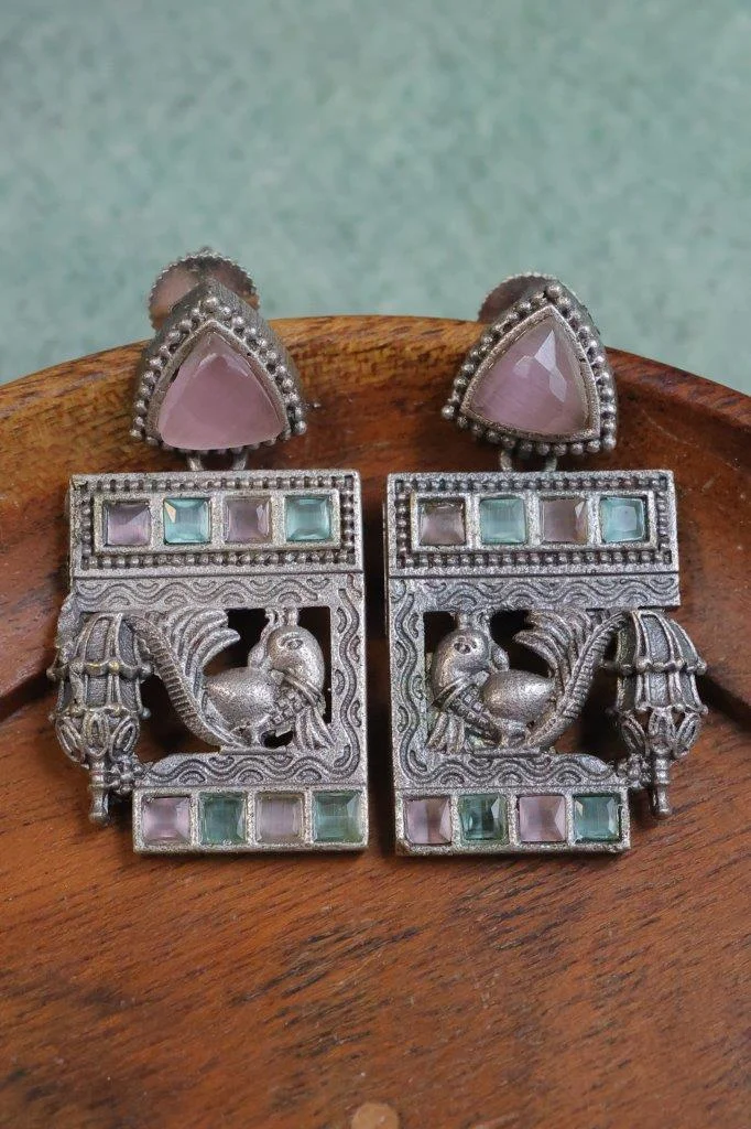 Oxidised Temple Panel Earrings with Peacock Motif