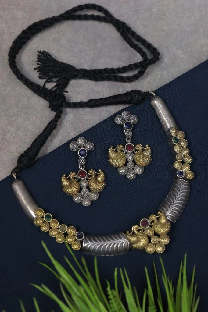 Curved Silver Collar with Green Stones and Jhumka Drops