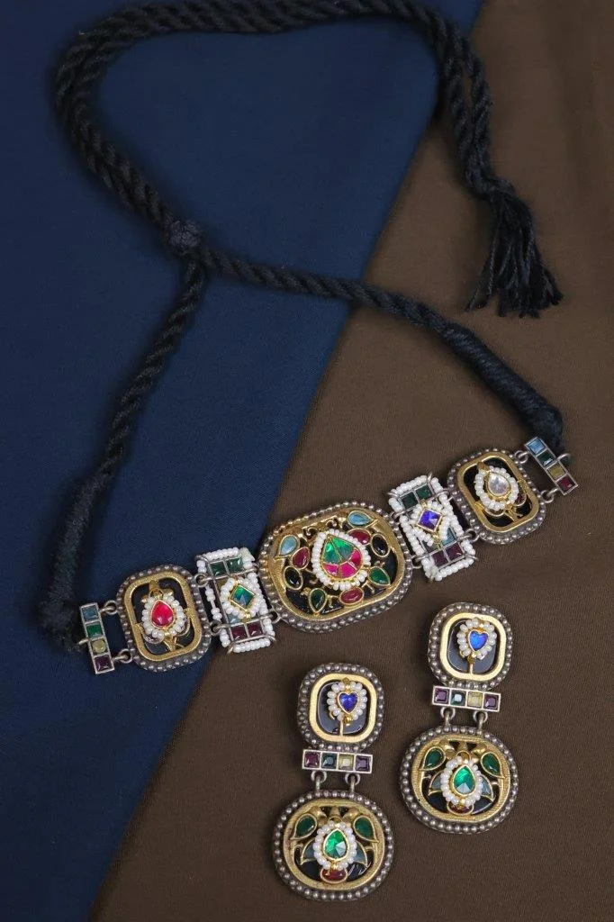 Meenakari Plaque Choker on Black Dori with Earrings