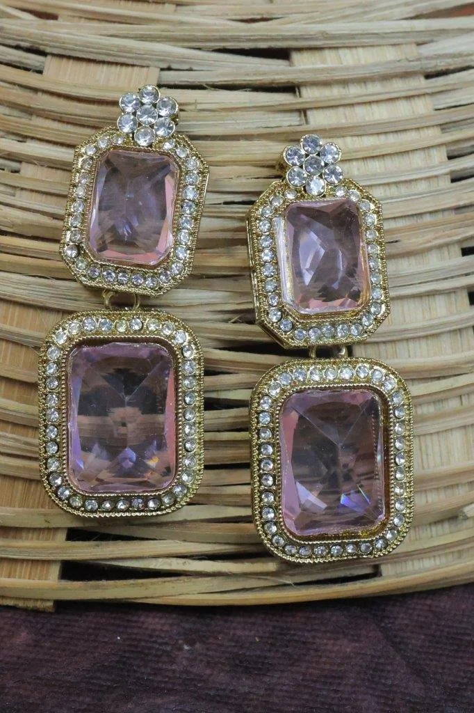 Lilac Stone Kundan Drop Earrings with Clear Stone Frames