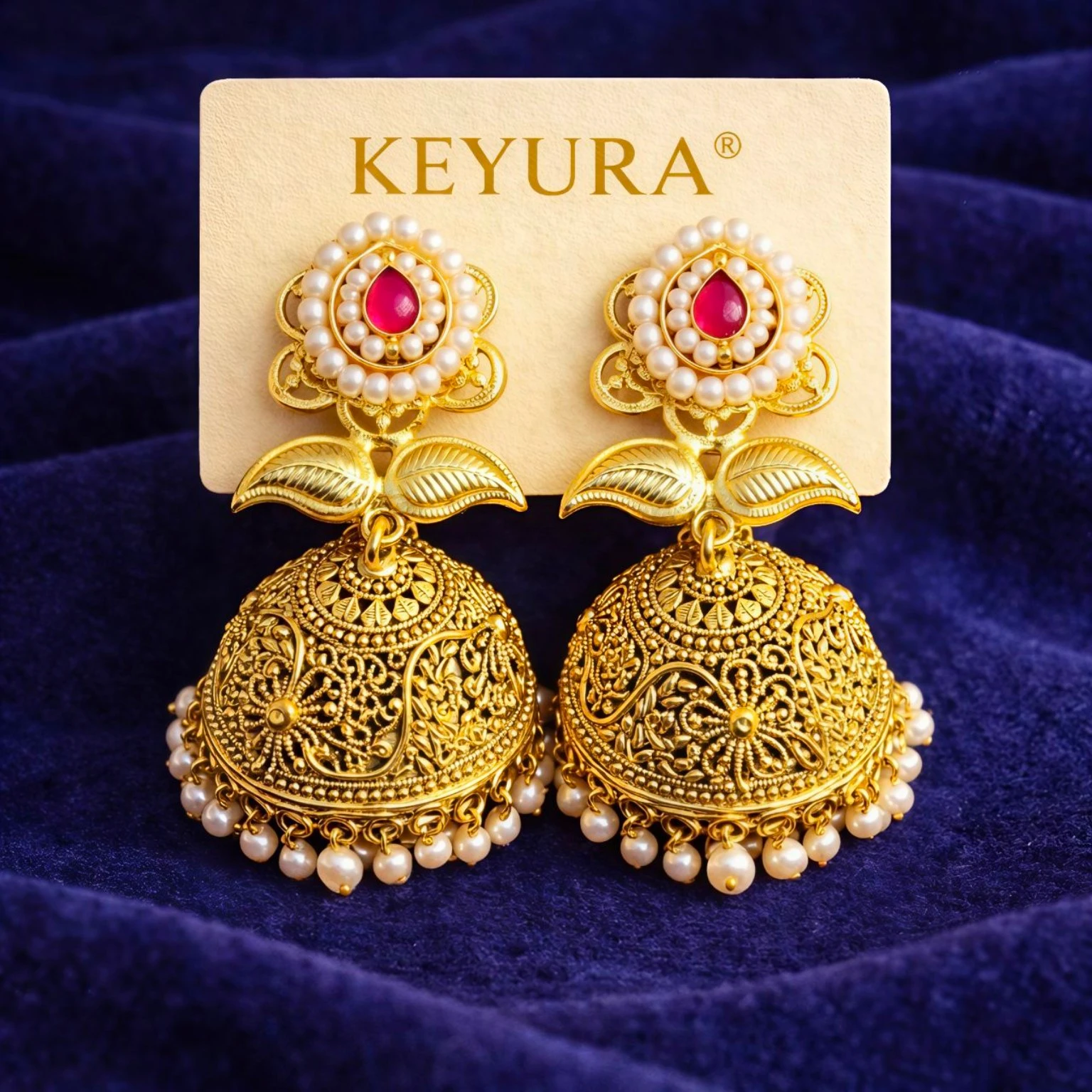 Gold-Tone Filigree Jhumka Earrings with Pearls and Teardrop Stone – Traditional Ethnic Festive Jewelry