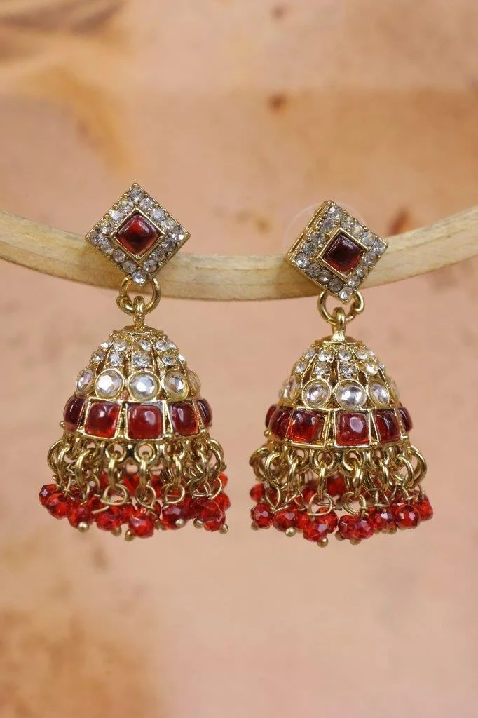 Square Top Kundan Jhumka Earrings with Bead Fringe
