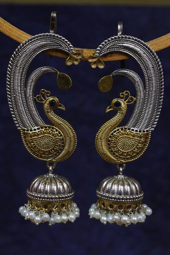 Peacock Arc Jhumka Earrings in Dual Tone