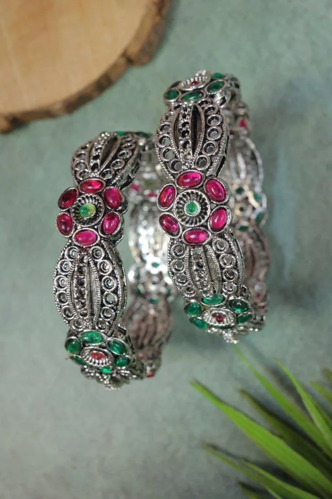 Oxidised Pink and Green Stone Bangles Set of Two