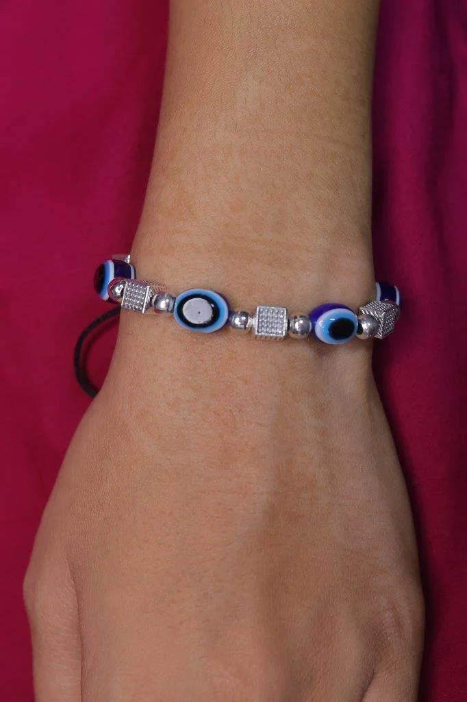 Evil Eye Bracelet with Pave Square Beads on Black Thread