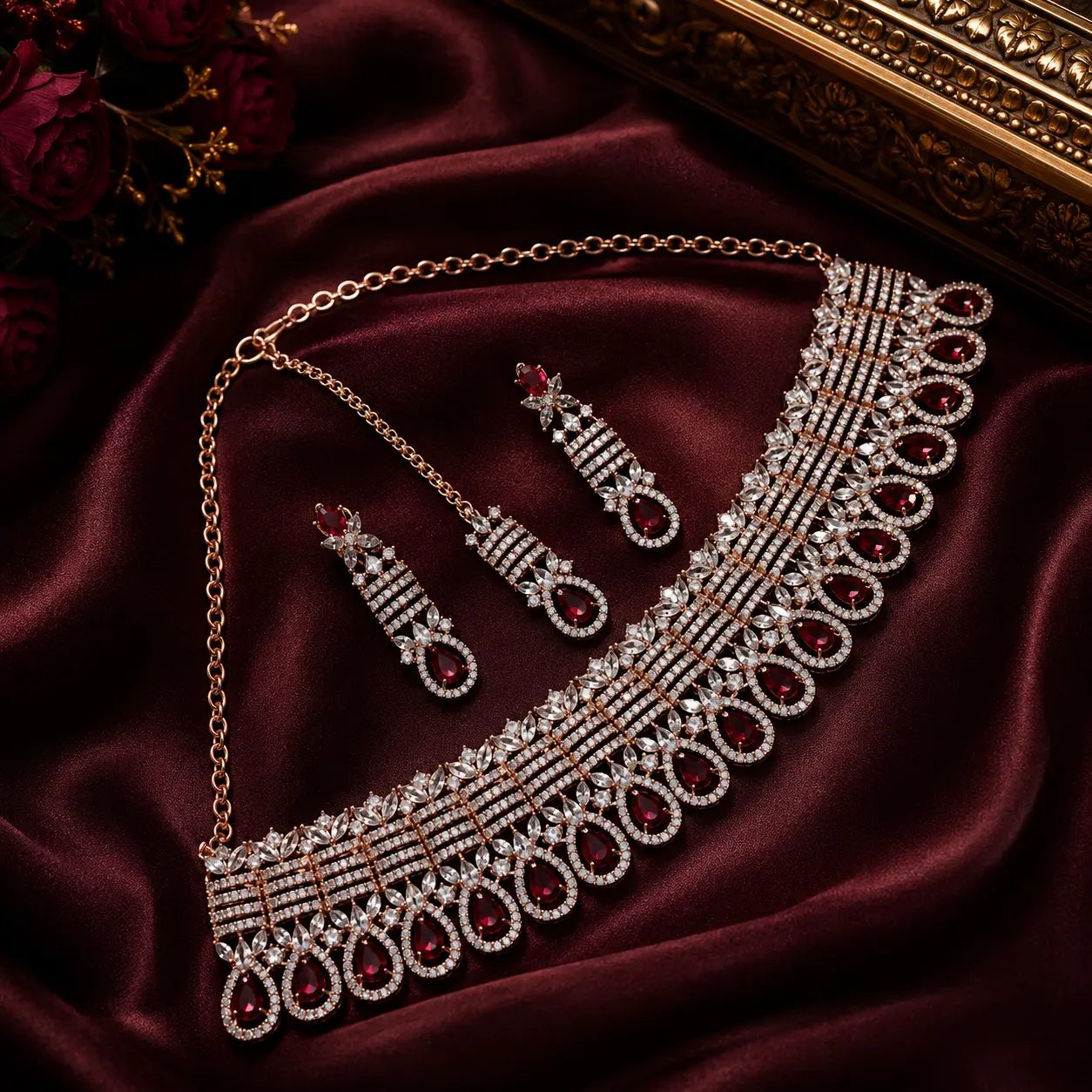 Rose Gold AD Necklace Set with Maangtika – Regal Wedding Jewellery by Keyura