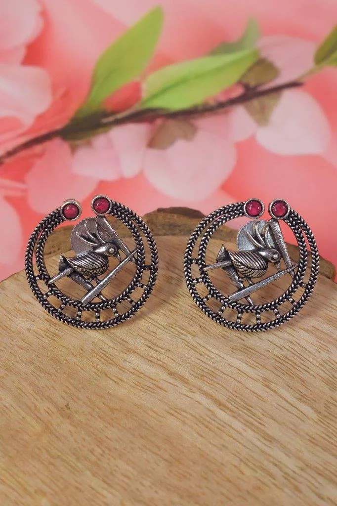 Bird in Ring Stud Earrings with Stone Accents