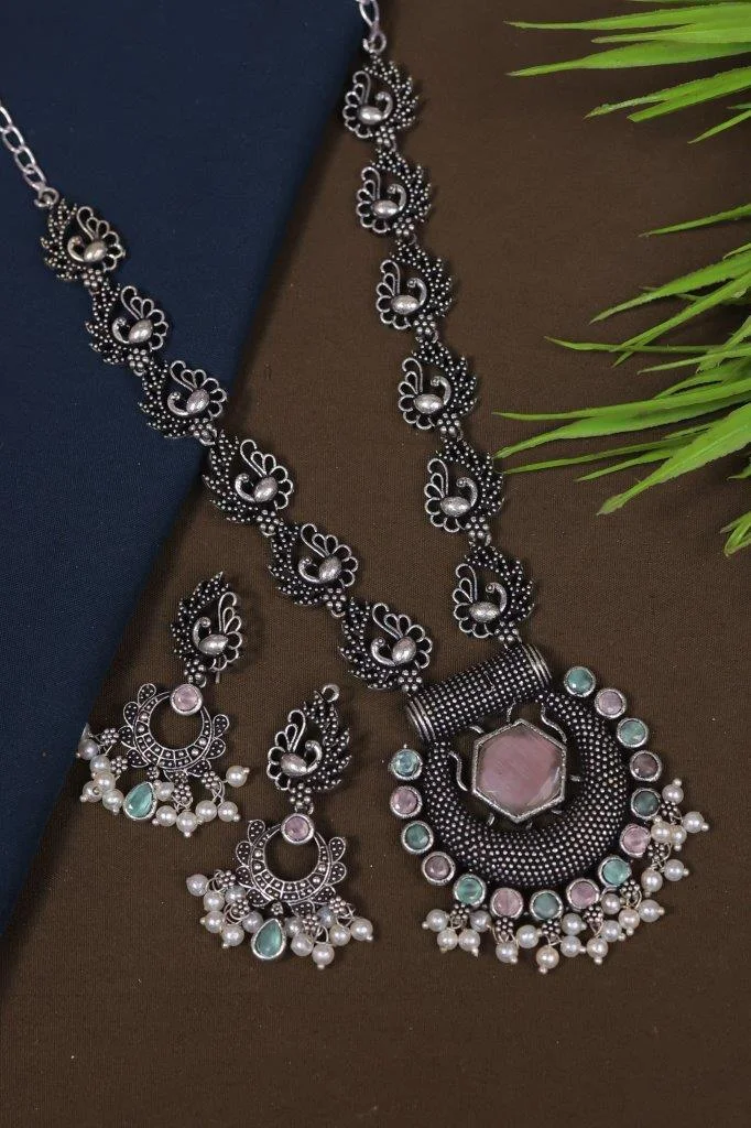 Peacock Link Necklace with Hexagonal Stone Chandbali