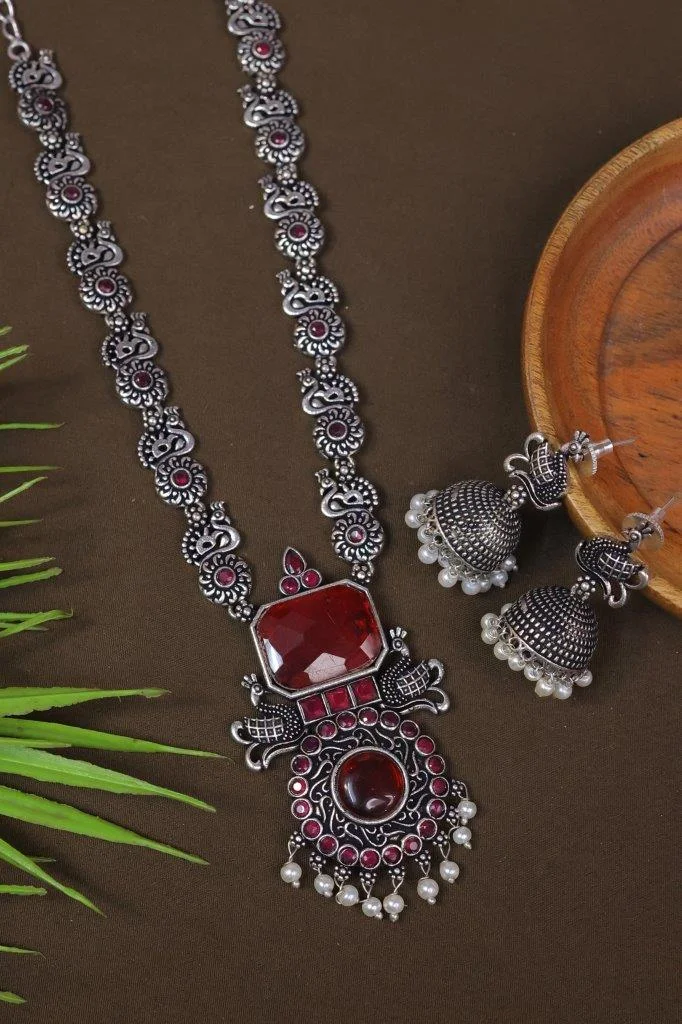 Peacock Link Long Necklace with Emerald Cut Stone Pendant