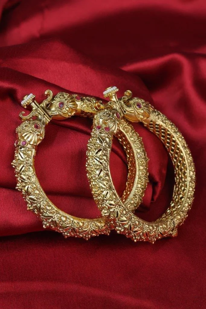Gold Peacock Head Kada Set of Two with Granulation