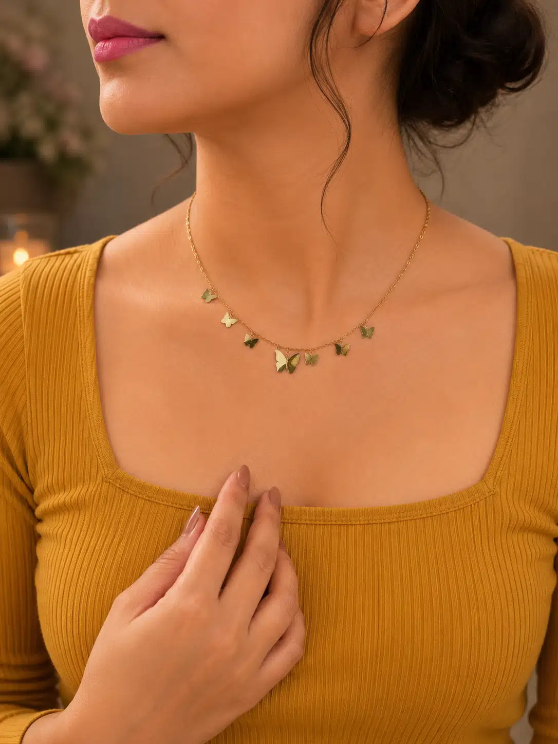 Anti Tarnish Gold Plated Butterfly Charm Station Necklace